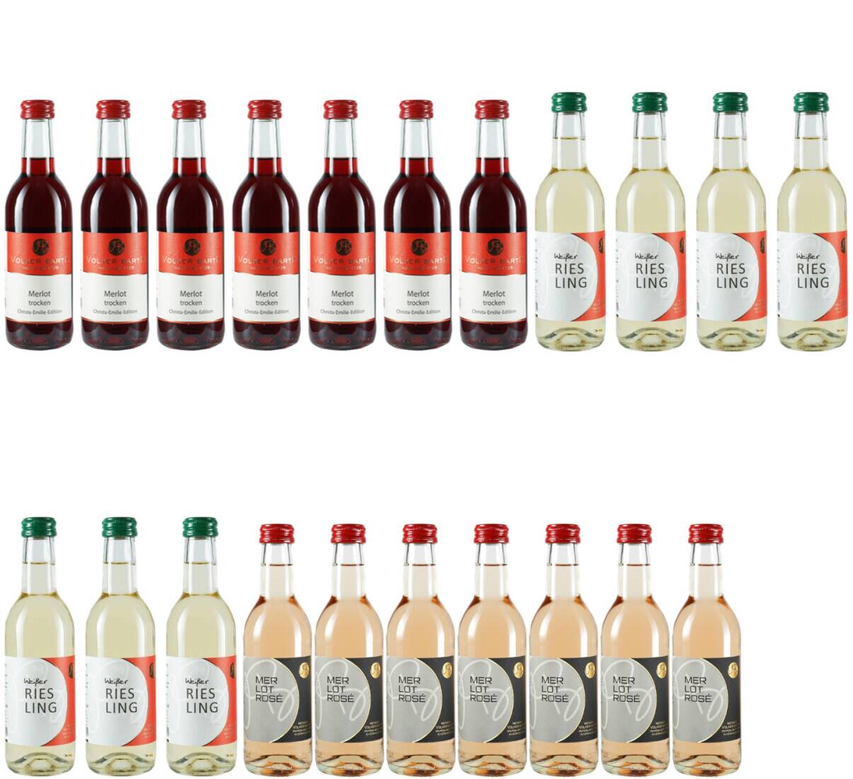 21 Fl. verschiedene Weine, Rot, Rosé, Weiß in 250ml Flaschen